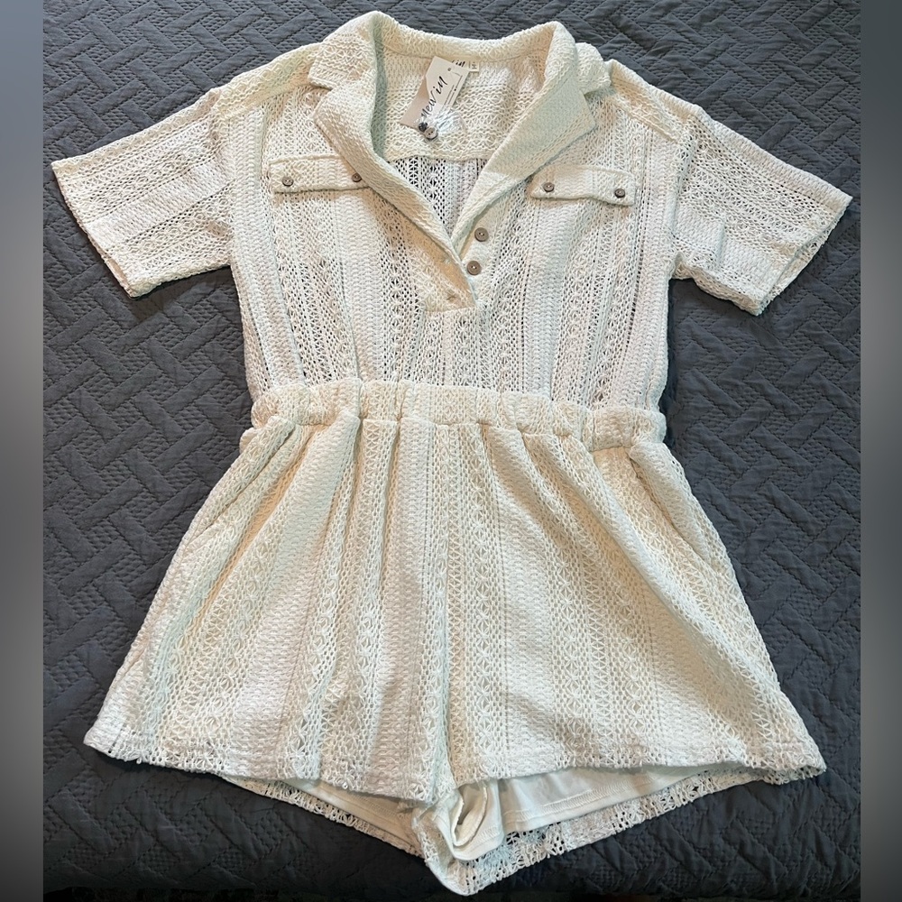 White Knit Short-Sleeved Romper